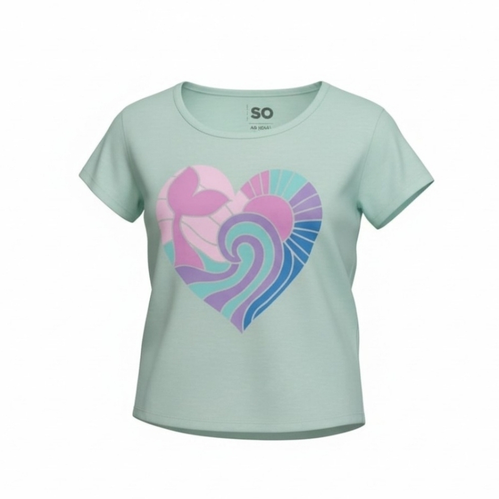 SO Green and Pink Heart Graphic Tee Girls 6-6X EUC